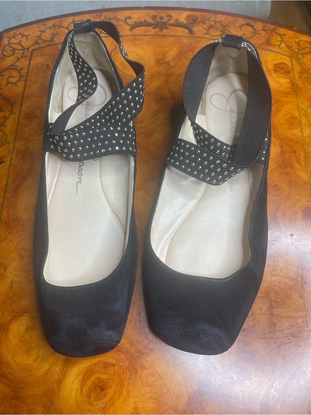 Black Studded Elastic Strap Ballet Flats - Women